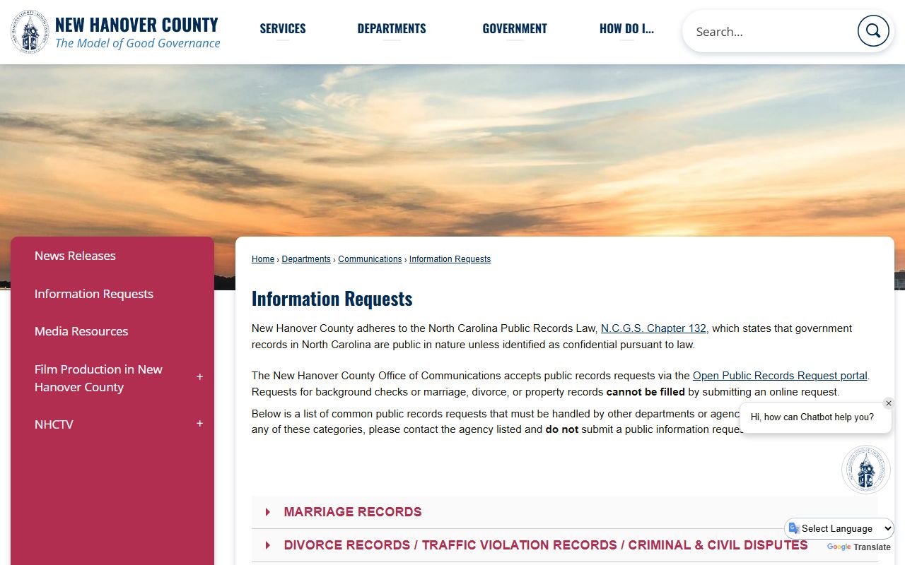New Hanover County Clerk of Superior Court information request routing