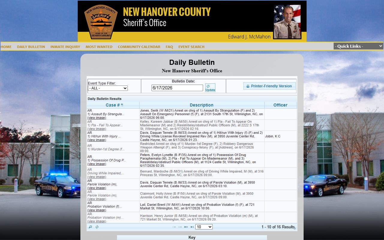 New Hanover County arrest records daily bulletin event source
